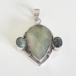 Vintage 925 Sterling Silver Large Raw Emerald Three Stone Chunky Drop Pendant